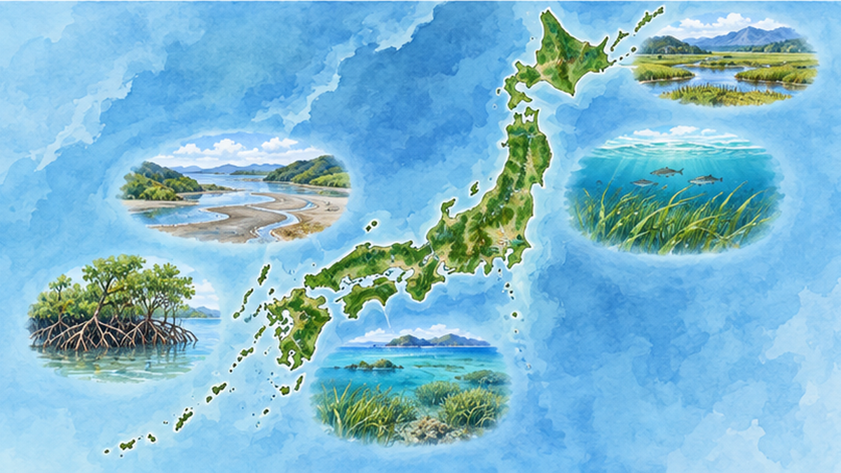 日本の沿岸の干潟・藻場・マングローブの分布を示した地図風イラスト