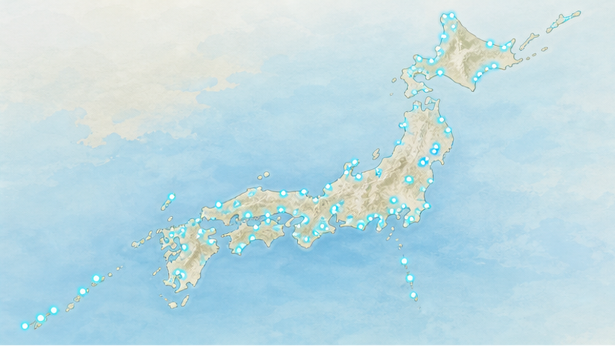 日本列島に分布するラムサール条約湿地のイメージ図。北海道から沖縄まで点在する様子
