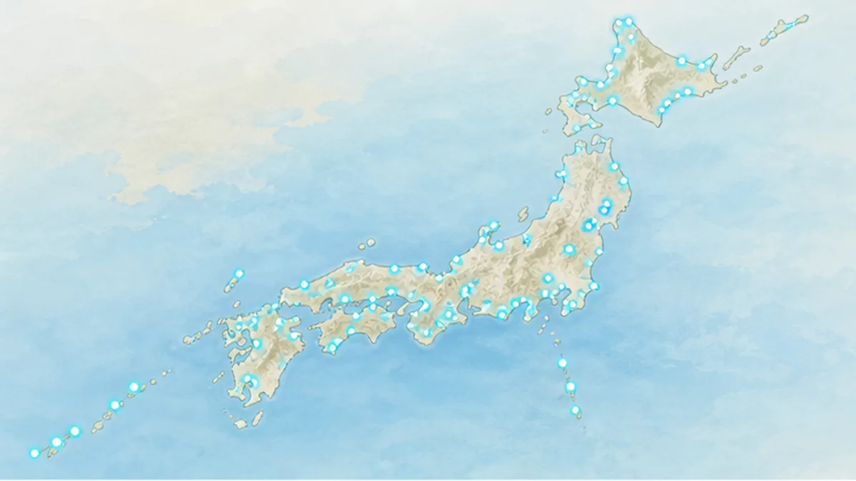 日本列島に分布するラムサール条約湿地のイメージ図。北海道から沖縄まで点在する様子