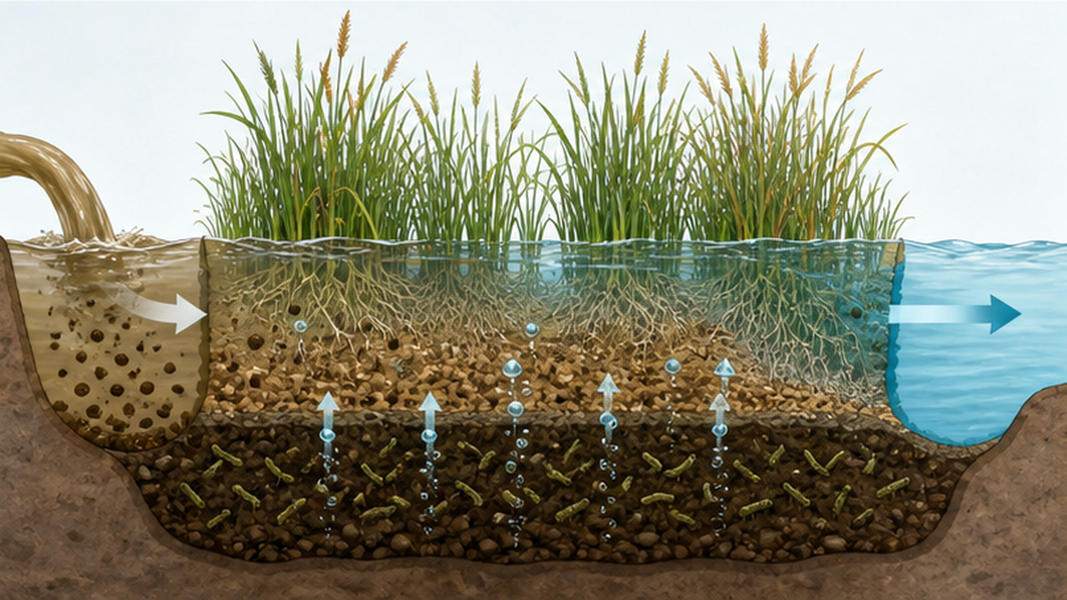 湿地の水質浄化のしくみを示した断面図解。沈殿・植物の吸収・硝化と脱窒の流れ