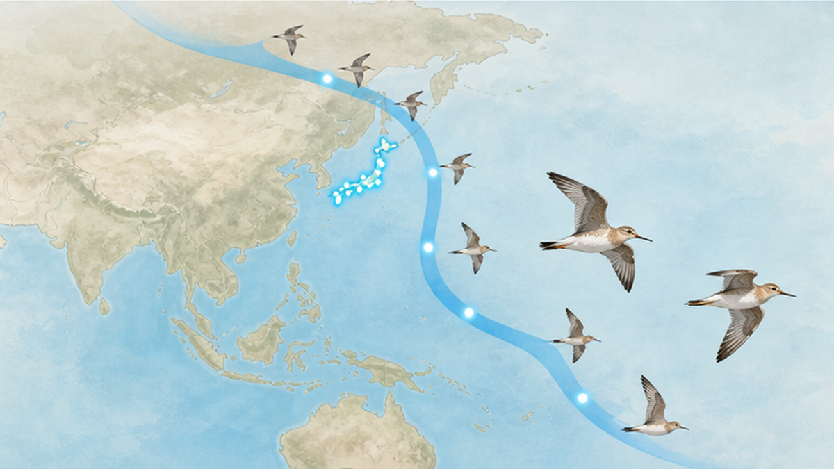 東アジア・オーストラリア地域フライウェイを示す地図イラスト。渡り鳥のルートと日本の位置