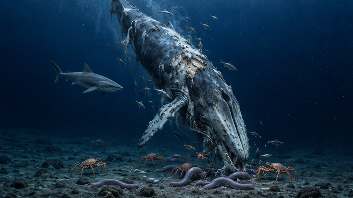 深海の暗闇にクジラの遺骸がゆっくり沈み、海底に集まる生きものを描いた図