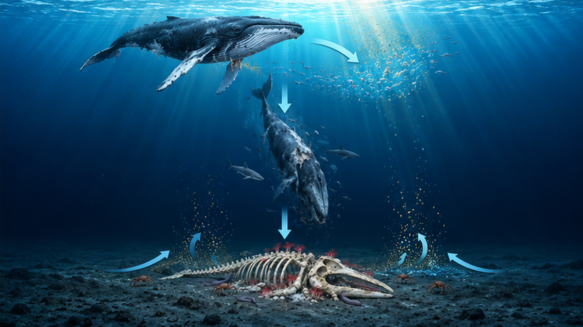 クジラが表層で栄養を循環させ、死後は深海へ沈んで炭素を運ぶ流れを示した概念図