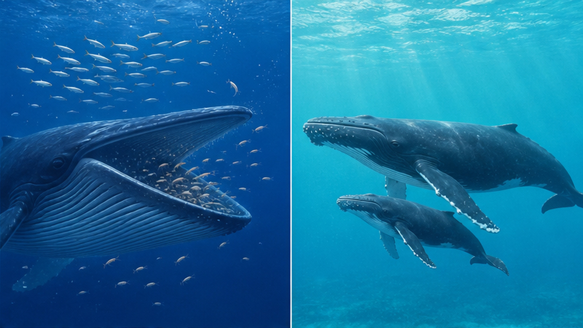 冷たい摂餌海域でオキアミを食べるクジラと、暖かい繁殖海域で子育てをするクジラを対比した図解