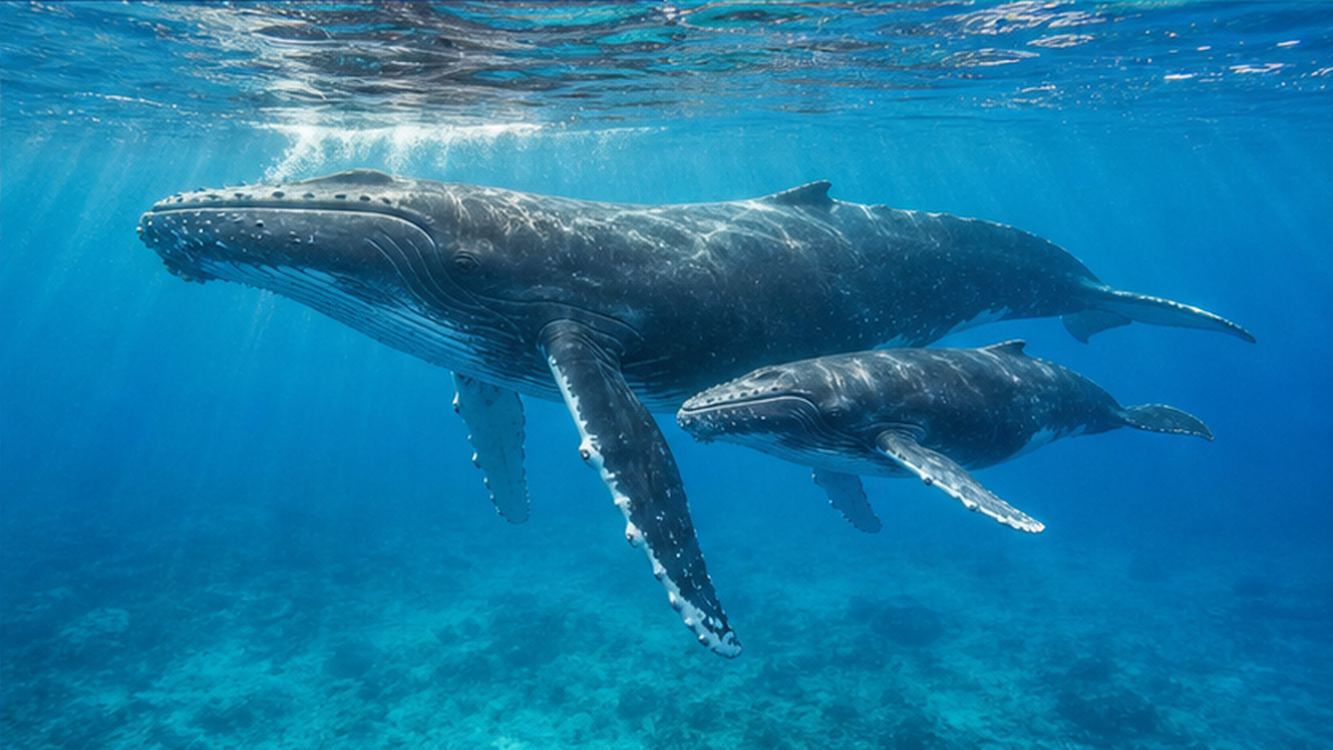 波の静かな暖かい海で寄り添って泳ぐザトウクジラの母親と子ども