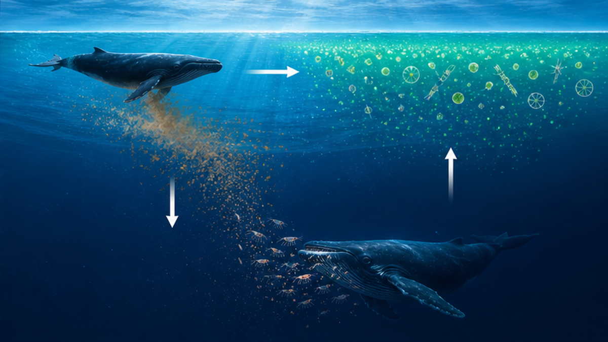クジラが深海で餌を食べ、海面近くで排泄して栄養を表層へ運ぶホエールポンプの模式図
