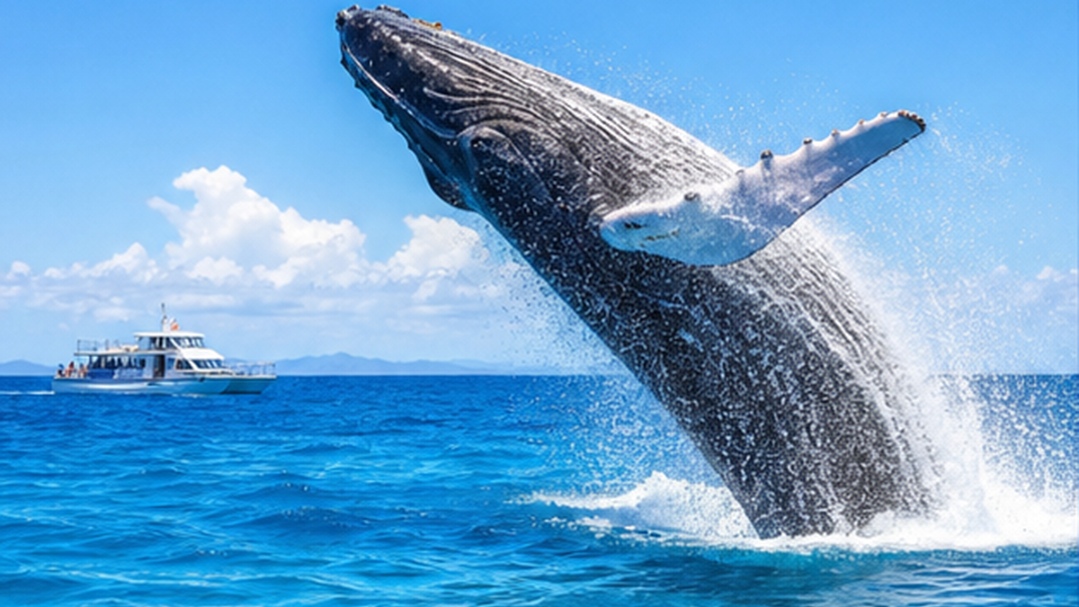 沖縄の青い海で豪快に海面へジャンプするザトウクジラと、それを眺めるホエールウォッチングの船