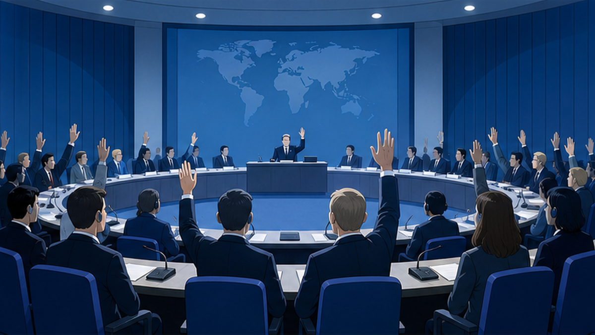 Illustration of delegates at the 1982 IWC annual meeting voting on the moratorium proposal