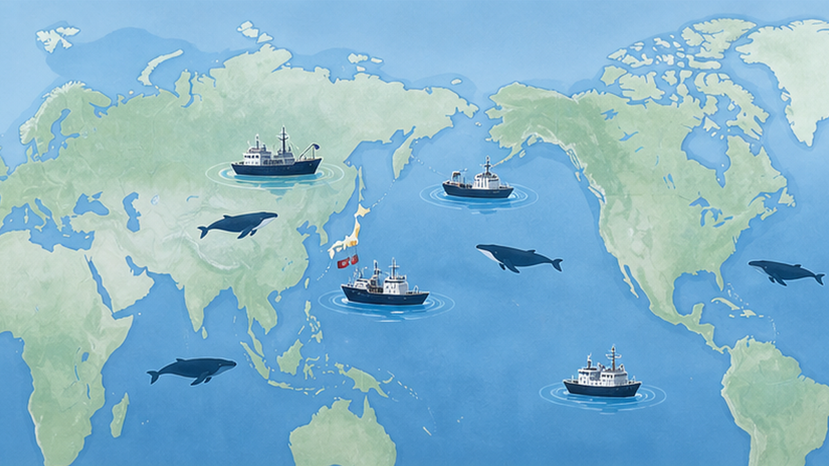 Illustrated world map showing whaling nations in the North Atlantic and North Pacific and regions where aboriginal subsistence whaling takes place