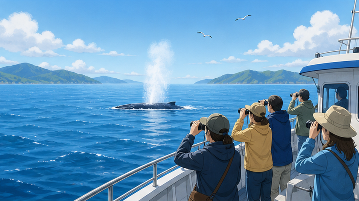 Illustration of tourists watching whales with binoculars from a whale-watching boat