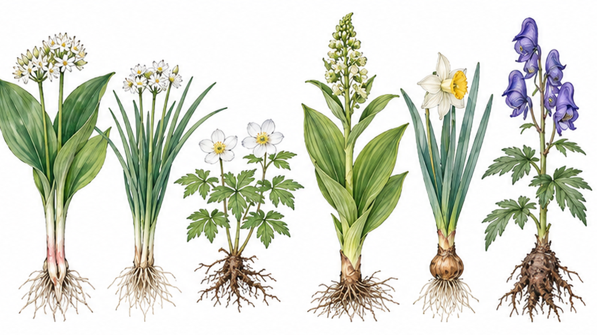 山菜と間違えやすい有毒植物の組み合わせを並べた比較イラスト