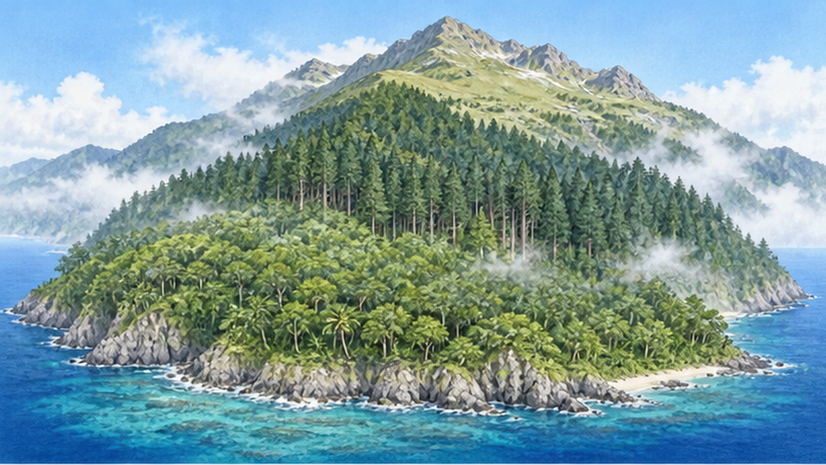 Diagram of Yakushima's cross-section rising from the sea to Mt. Miyanoura, showing vertical vegetation zones