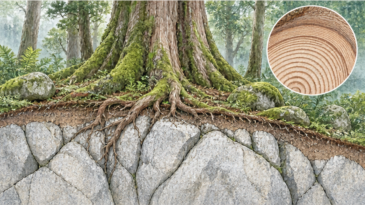 Diagram of a Yaku-sugi rooted on granite bedrock with a cross-section of thin soil