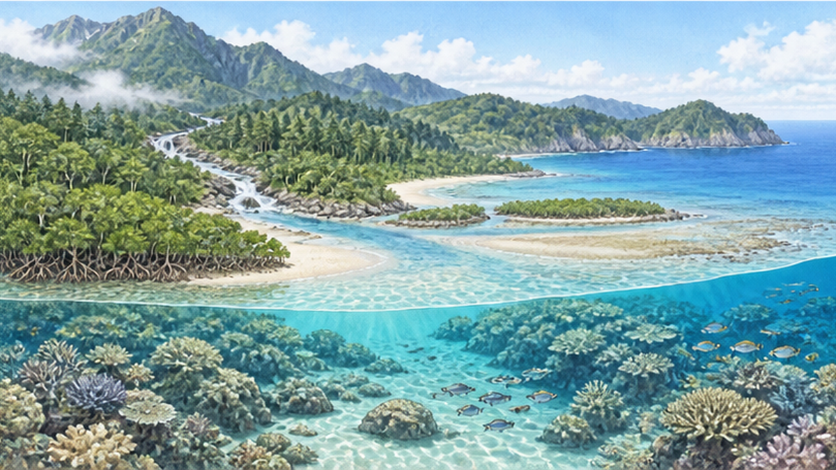 Diagram of nutrients flowing from Yakushima's forest through rivers to the sea
