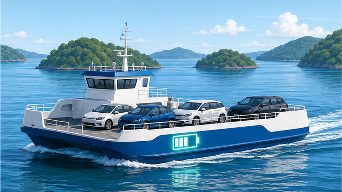 日本の穏やかな内海を走る小型バッテリー電気フェリーと乗用車を積んだ甲板を描いたイラスト