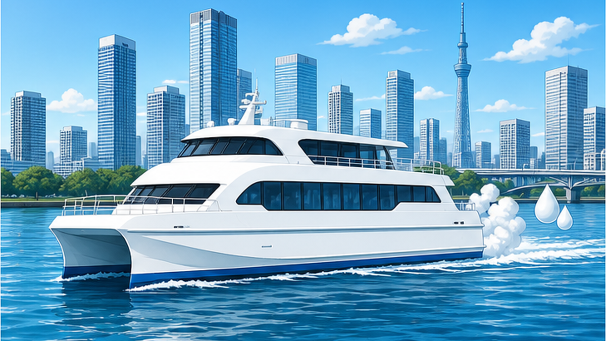 都市の水辺を走る白い双胴型の水素燃料電池旅客船と背景の高層ビルを描いたイラスト