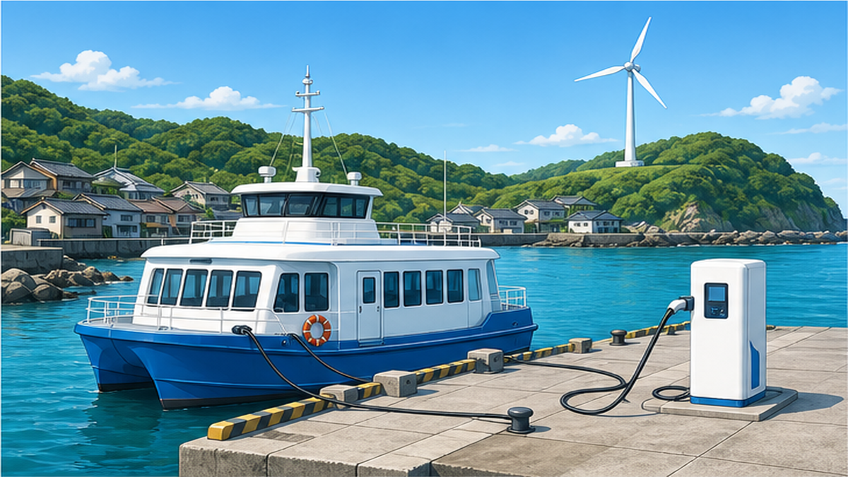 離島の小さな港に停泊する電気フェリーと、島の集落・風力発電を背景にした穏やかな風景イラスト