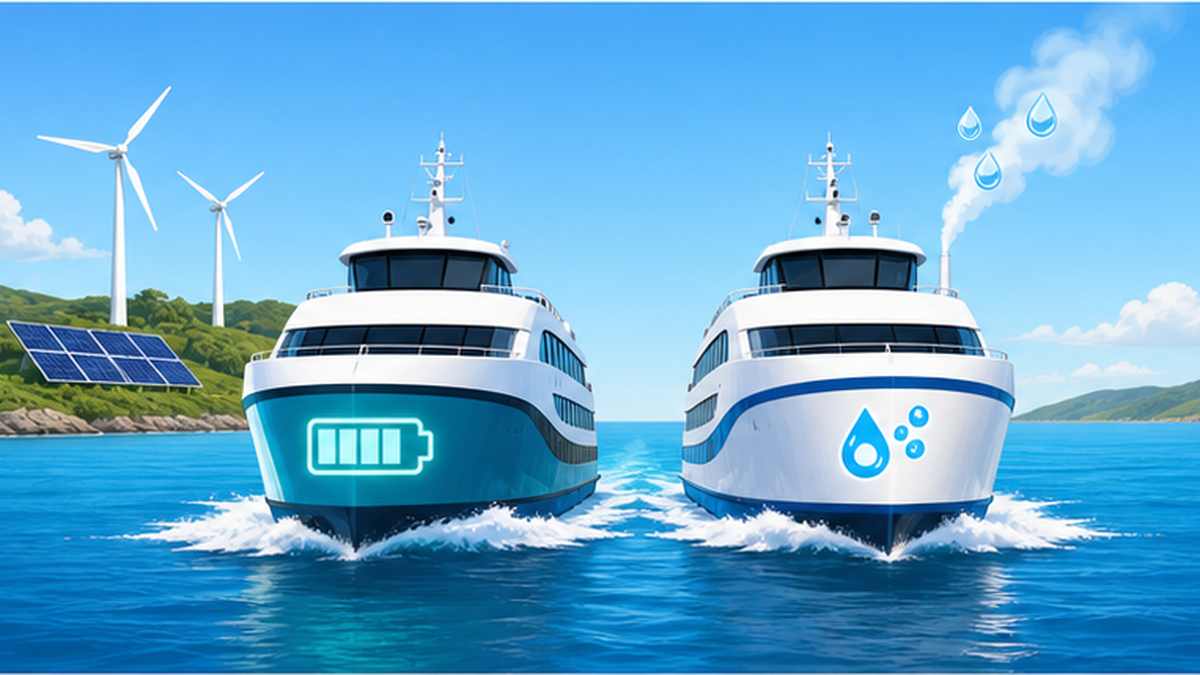 青い海を並んで走る電気フェリーと水素船、背景に再エネ設備を描いた希望に満ちたイラスト