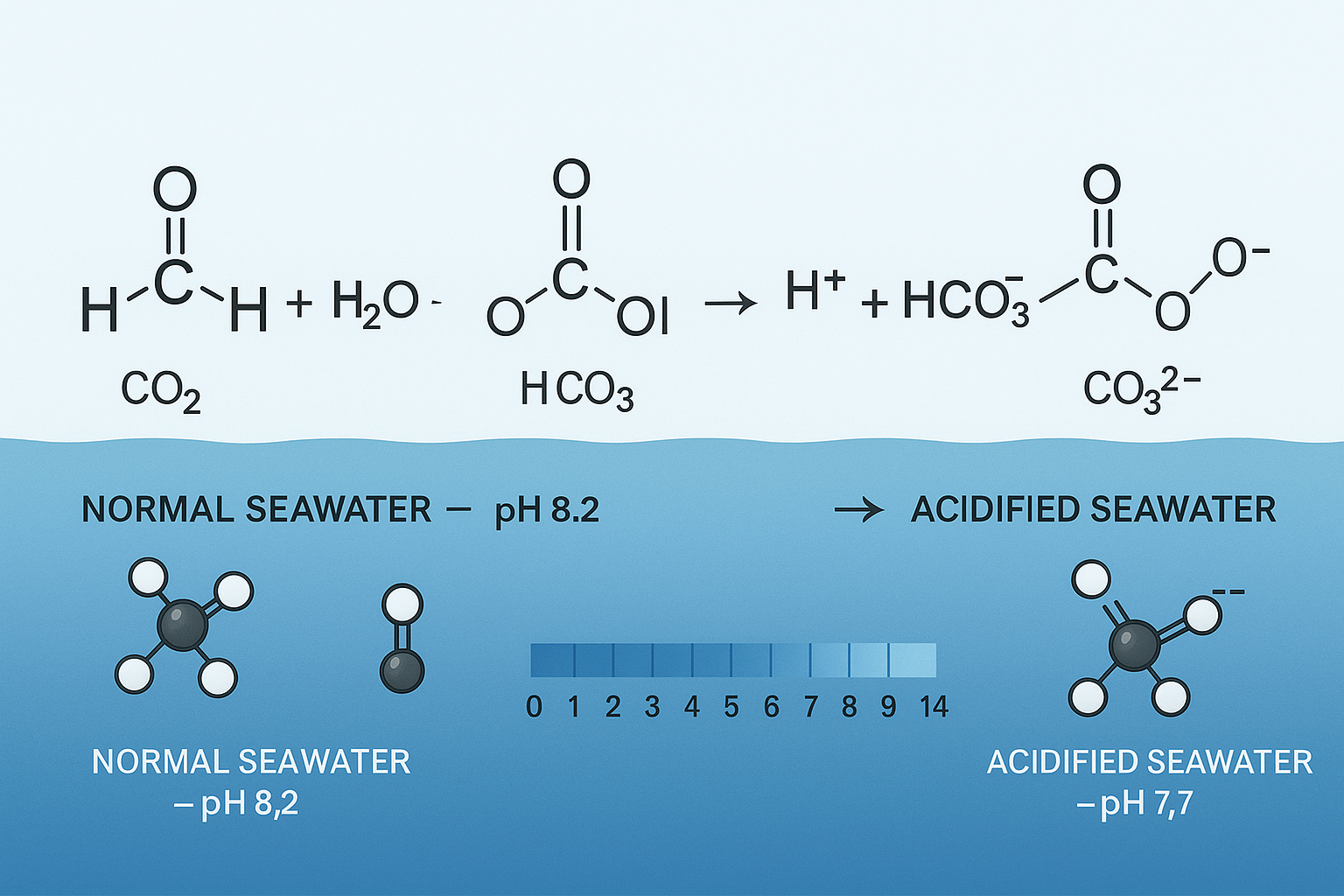 海洋酸性化の化学反応式を示す横長の図解：CO2 + H2O → H2CO3 → H+ + HCO3-の反応過程