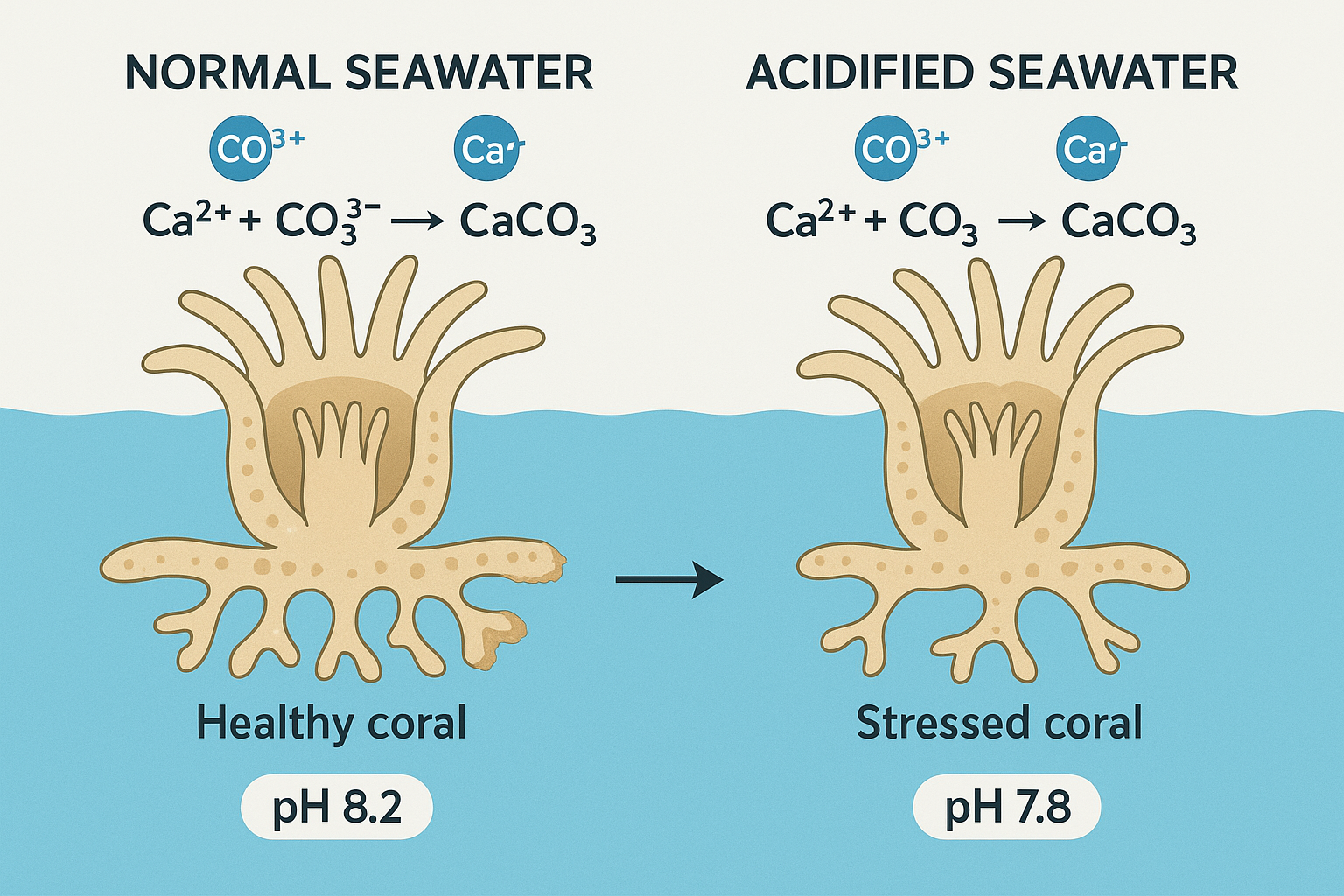 サンゴの石灰化プロセスと海洋酸性化の影響を説明する横長の図解
