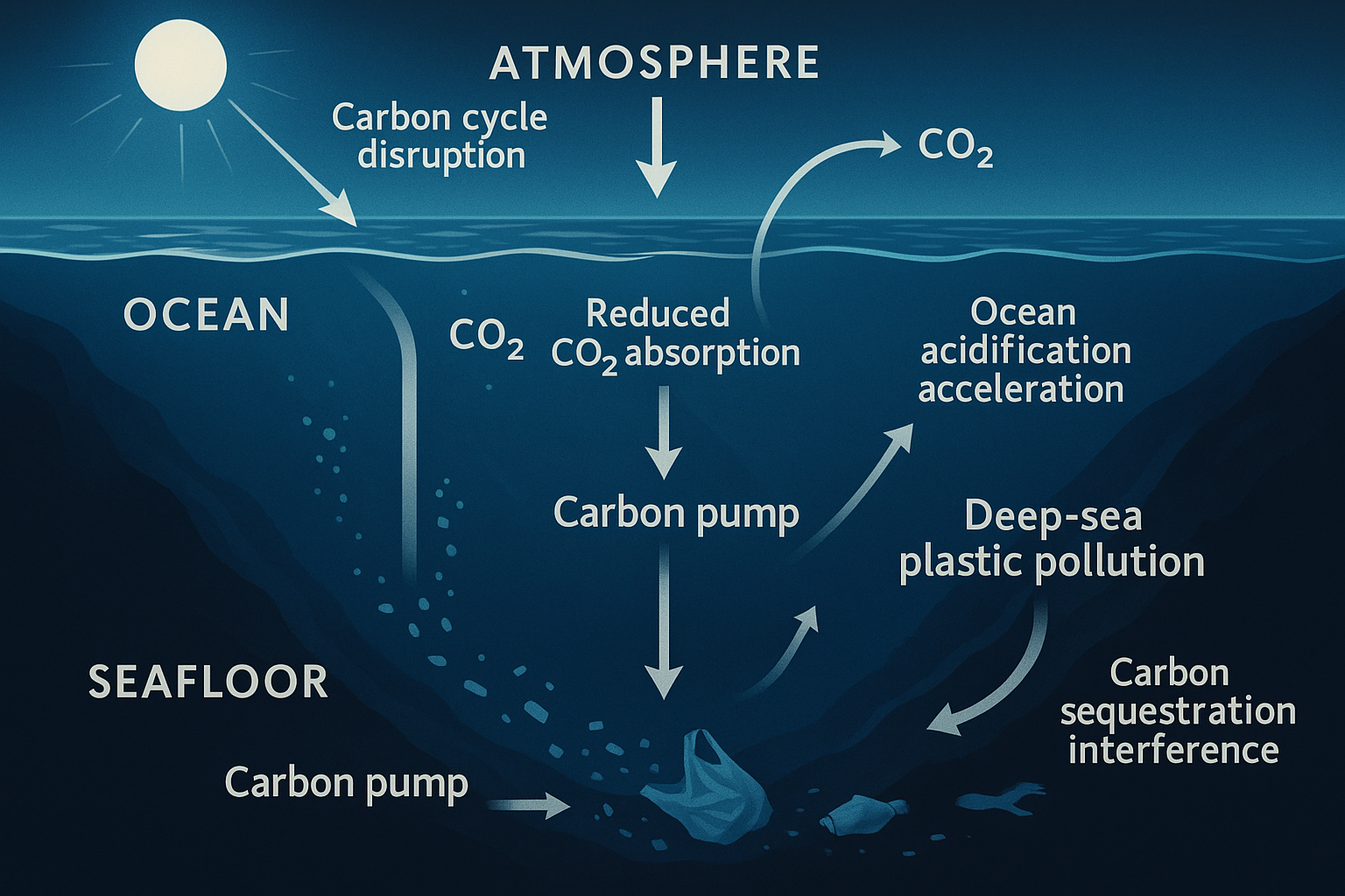 深海ゴミが地球の気候システムに与える影響を表現した横長の地球科学イラスト