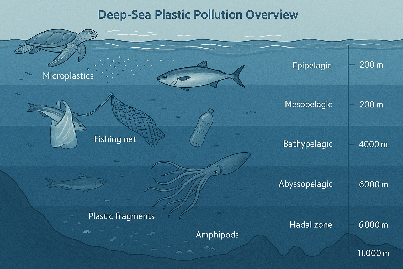 深海底に蓄積するプラスチックゴミの現状を示す横長のインフォグラフィック