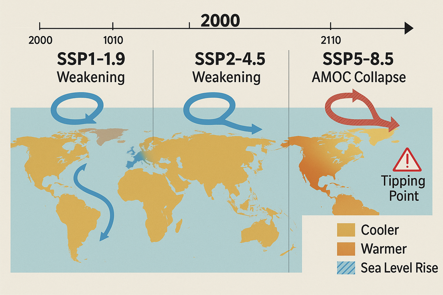 2100年までの海流システム変化予測シナリオを示す横長の予測図