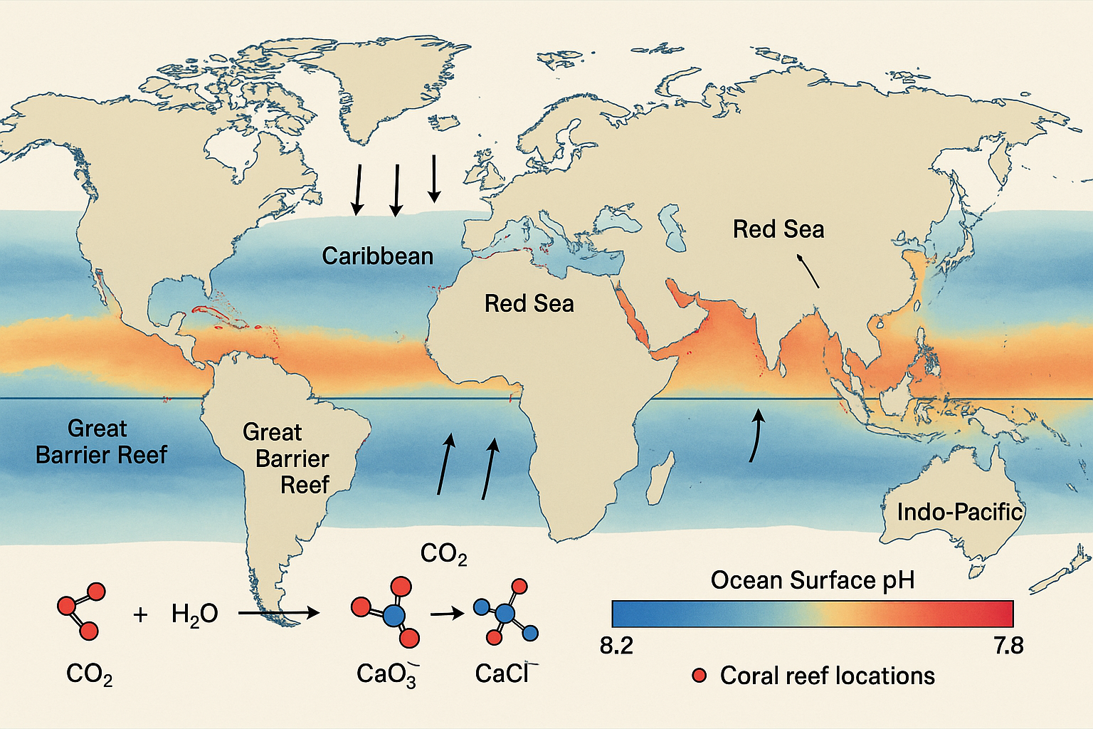 世界のサンゴ礁分布と日本近海の研究地点を示す横長の地図