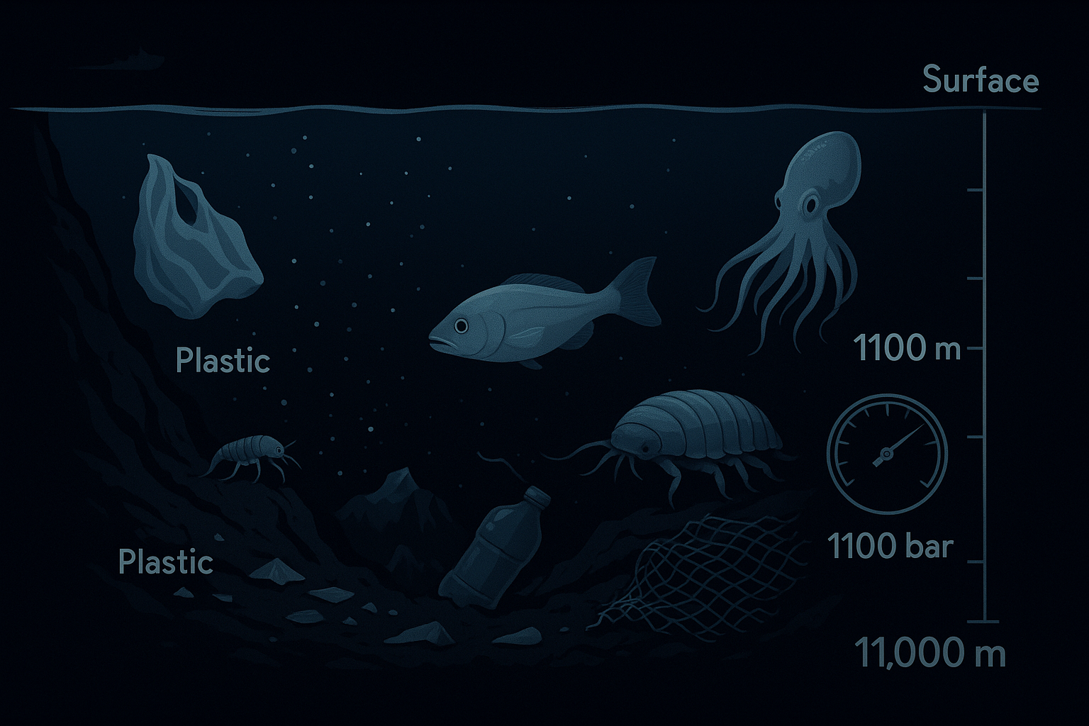 マリアナ海溝での深海探査とプラスチック発見の様子を描いた横長イラスト