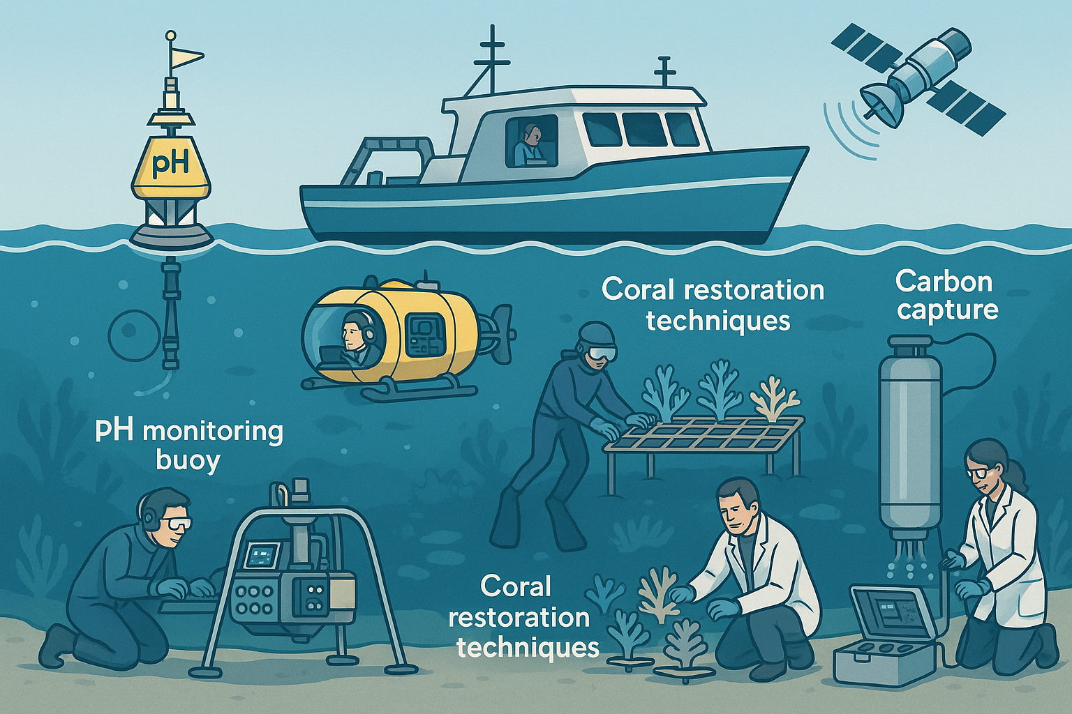 海洋の石灰化生物群の研究に使用される最新技術を示す横長のイラスト