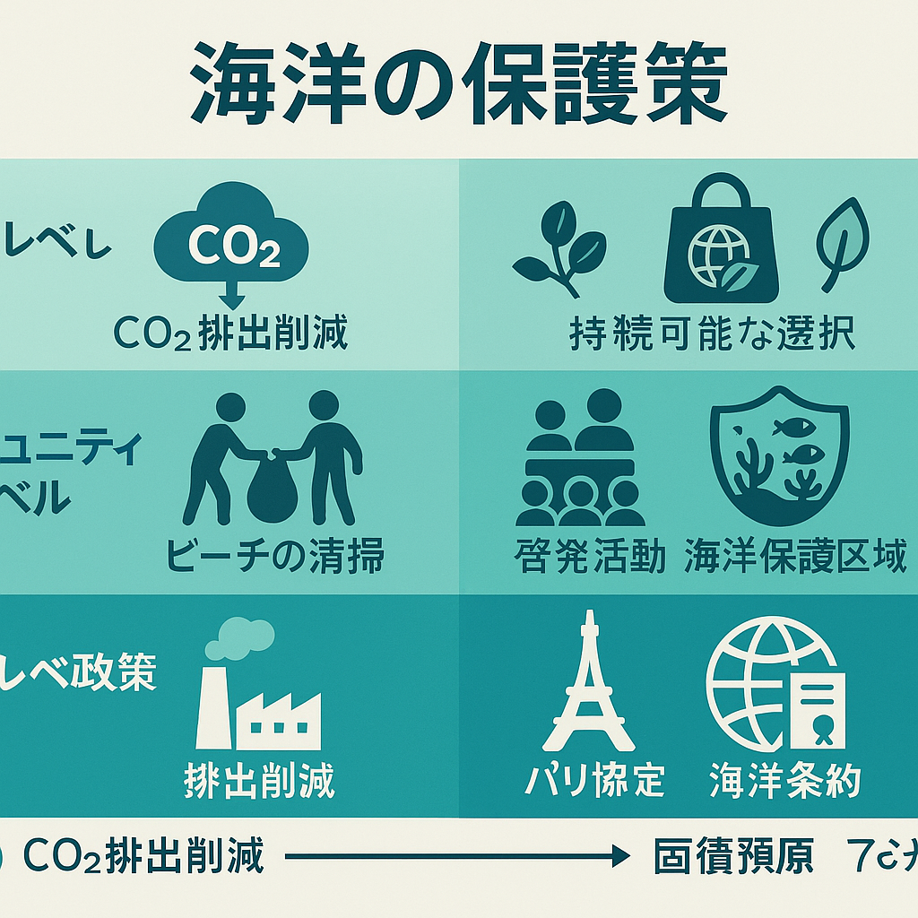 海洋酸性化対策の様々な手法を示す横長のインフォグラフィック
