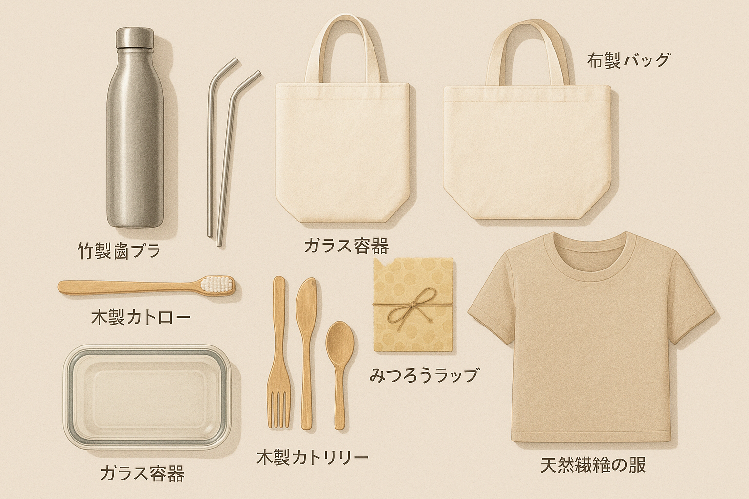 プラスチックフリーな生活スタイルのイラスト。ステンレスボトル、エコバッグ、ガラス容器、天然素材の製品などが並んでいる様子を示す。