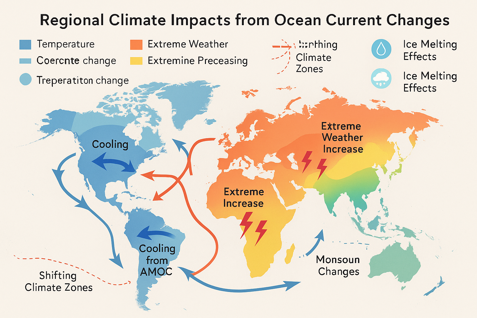 海流変化による地域別気候影響を示す横長の世界地図